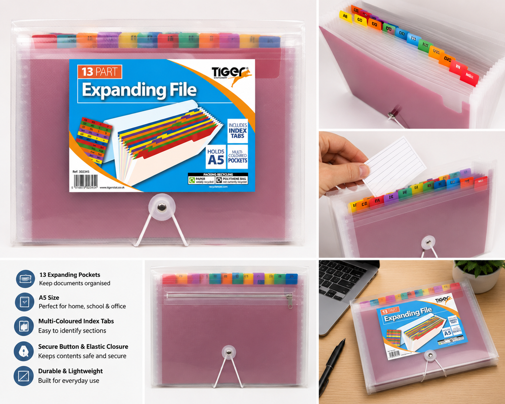 Tiger A5 13-Part Expanding File Folder – Document Organiser with Index Tabs
