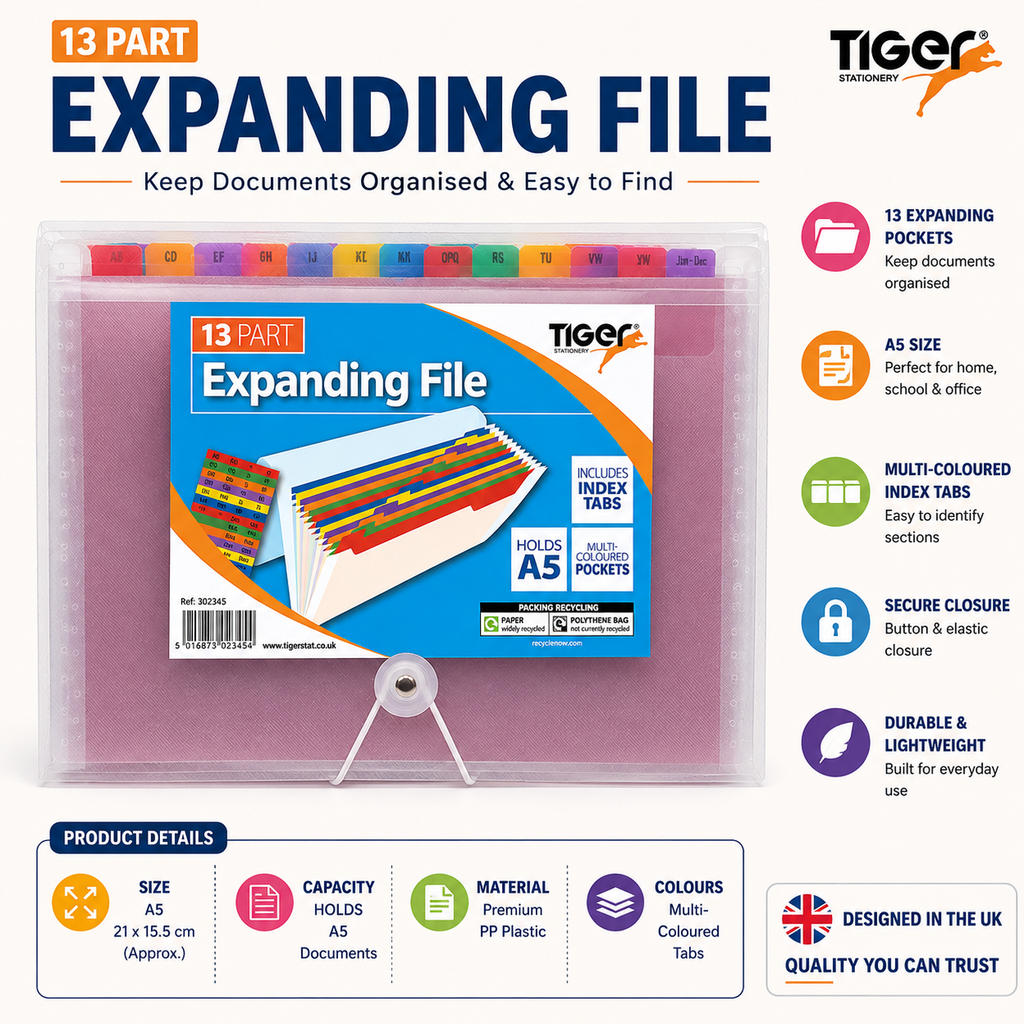 Tiger A5 13-Part Expanding File Folder – Document Organiser with Index Tabs