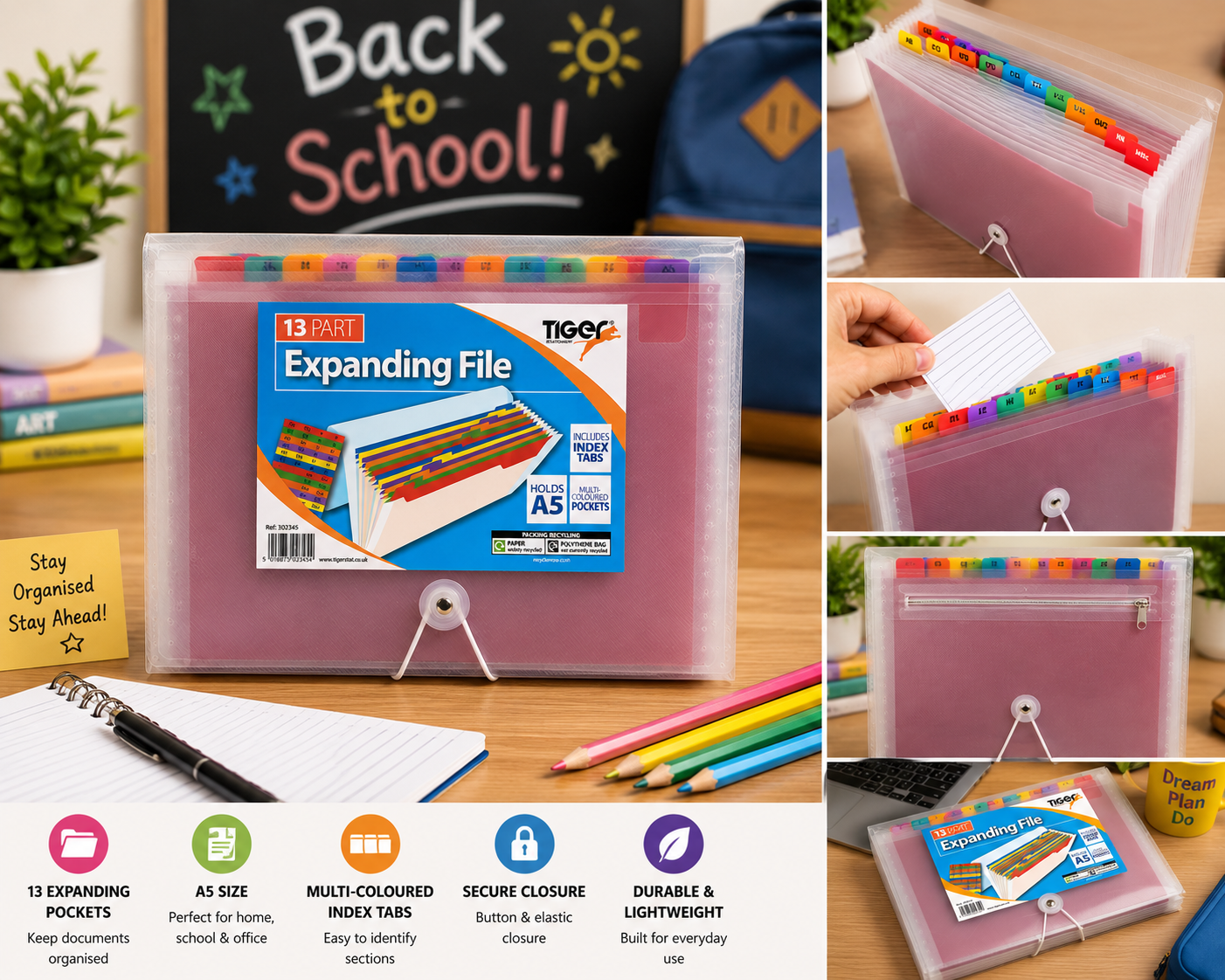 Tiger A5 13-Part Expanding File Folder – Document Organiser with Index Tabs