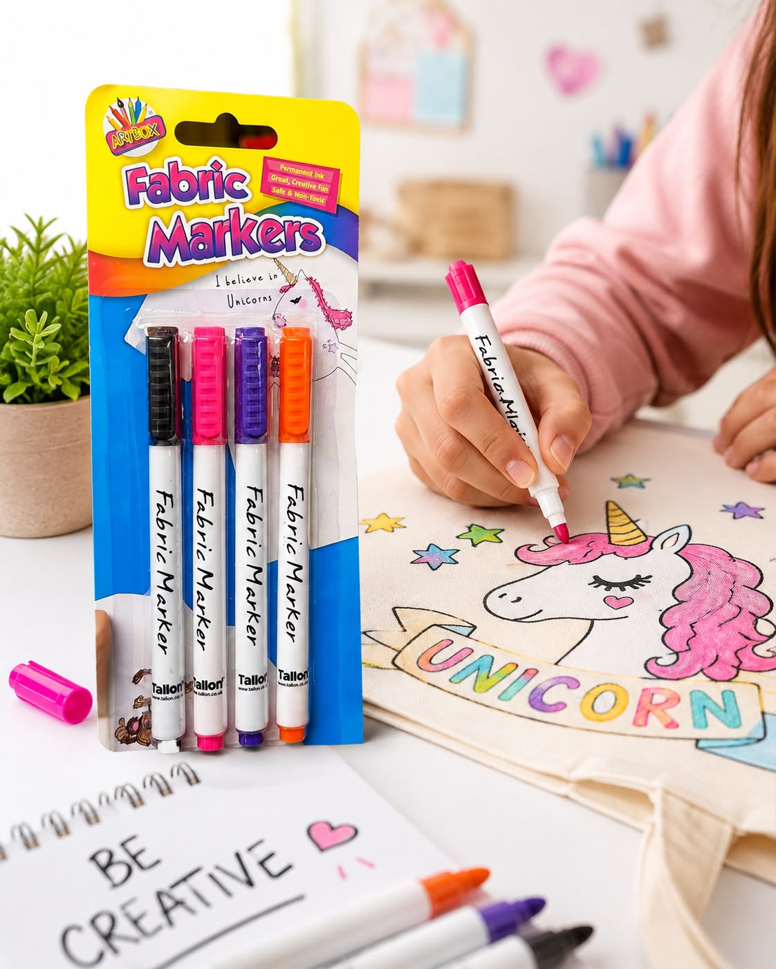 Tallon 4 Pack Permanent Fabric Markers Textile Pens Black Pink Purple Orange