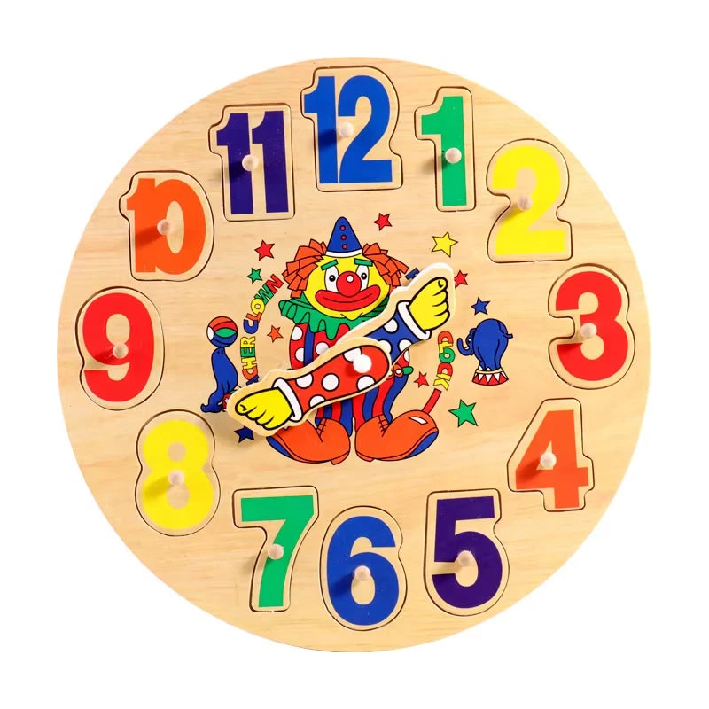 Share Wooden Learning Clock Puzzle Clown Toy Tell Time Educational Early Learning 3+