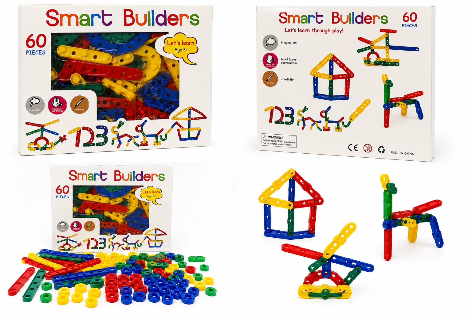 Smart Builders 60 Piece Educational Construction Building Block Set Age 3+ Kids