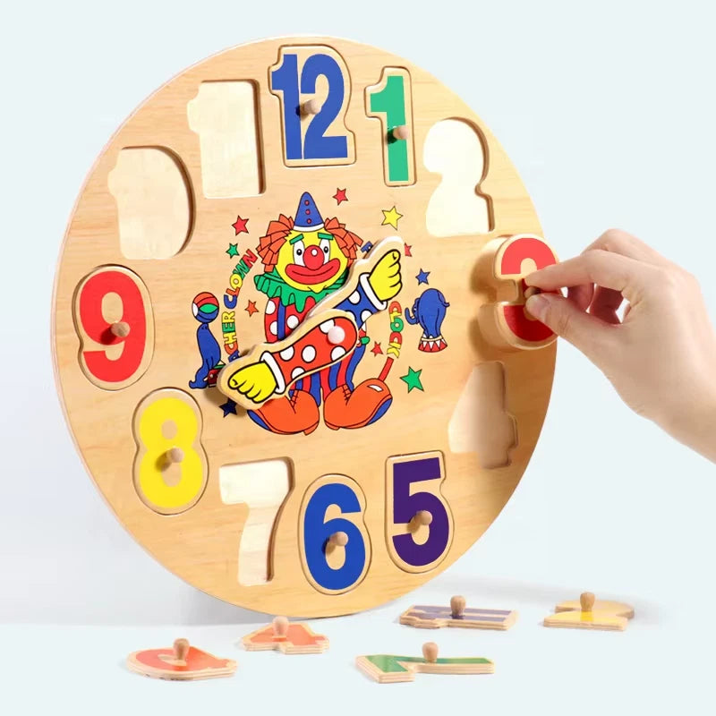 Share Wooden Learning Clock Puzzle Clown Toy Tell Time Educational Early Learning 3+