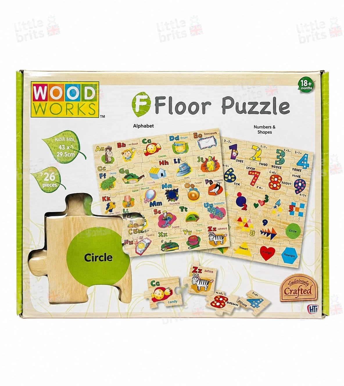 WOOD WORKS Wooden Floor Puzzle 26 Piece Alphabet Numbers Shapes Learning Toy