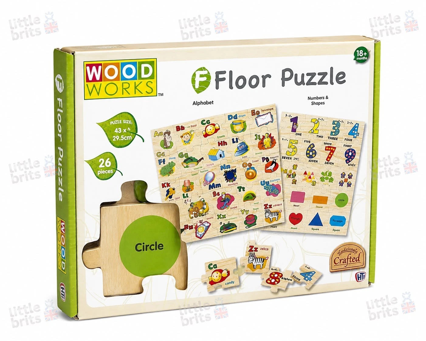 WOOD WORKS Wooden Floor Puzzle 26 Piece Alphabet Numbers Shapes Learning Toy