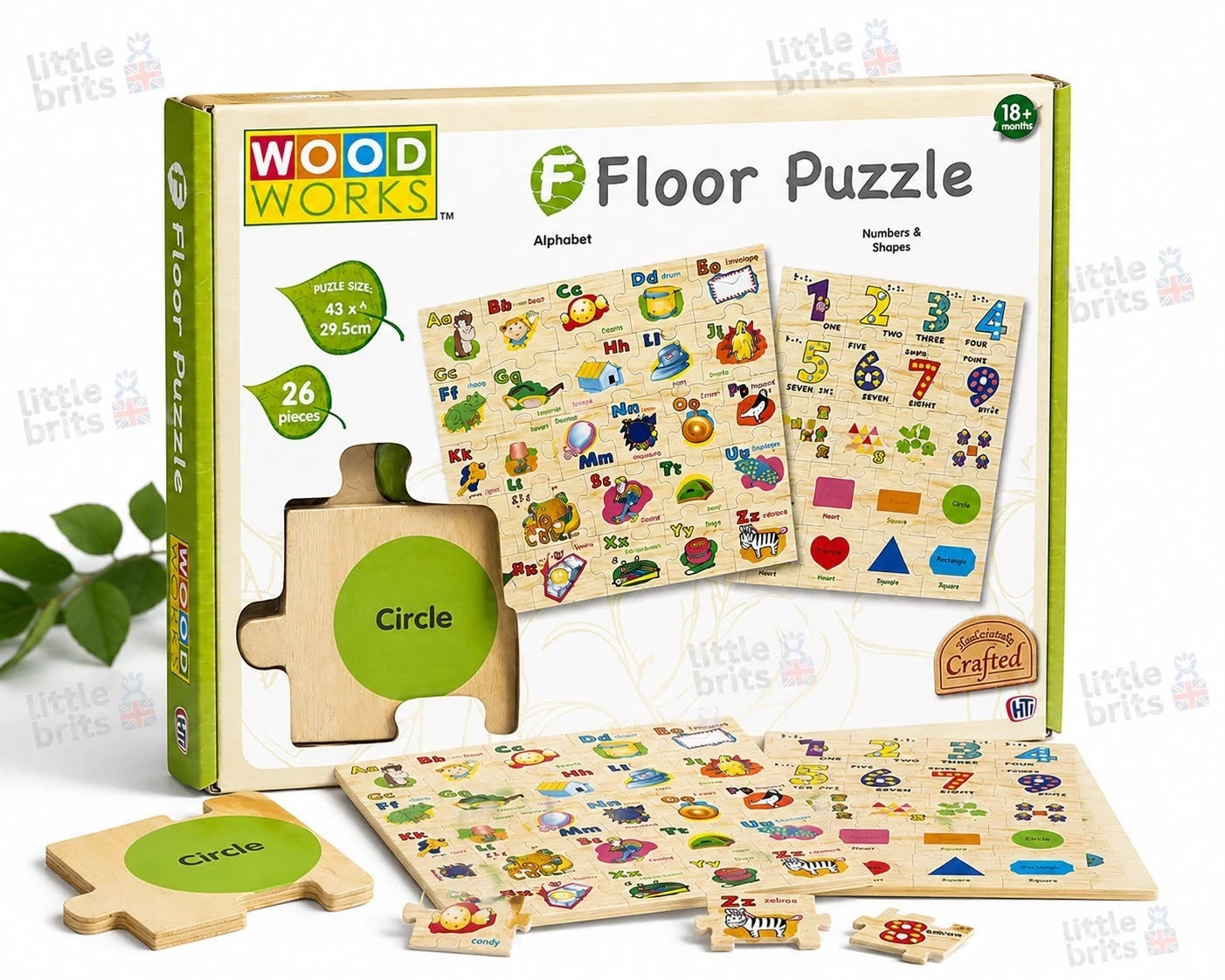 WOOD WORKS Wooden Floor Puzzle 26 Piece Alphabet Numbers Shapes Learning Toy