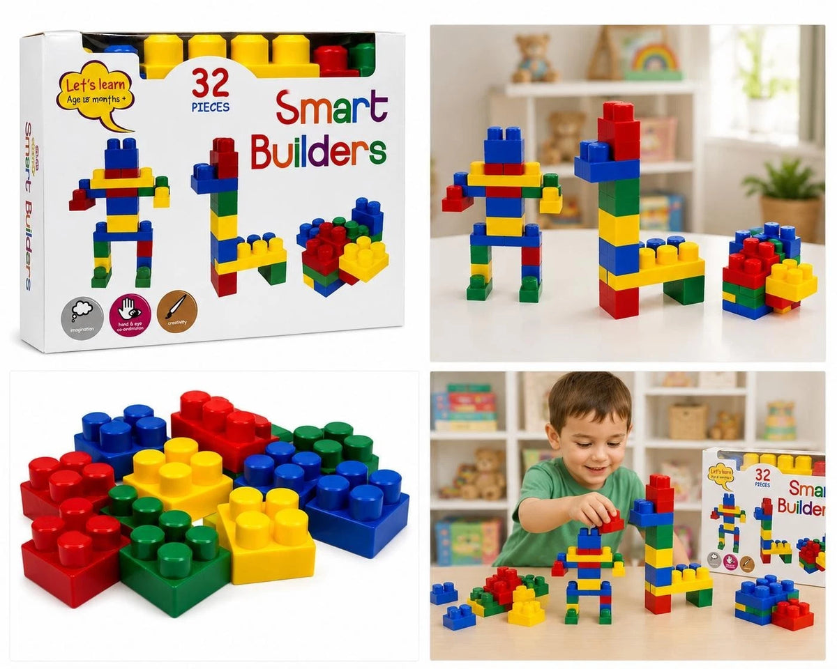 Share Smart Builders 32 Piece Building Blocks Toddler Construction Toy Age 18 Months+