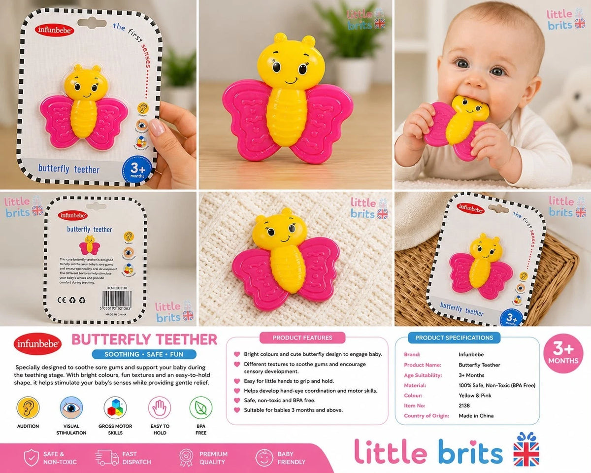 Infunbebe Butterfly Baby Teether BPA Free Sensory Teething Toy Pink 3+ Months