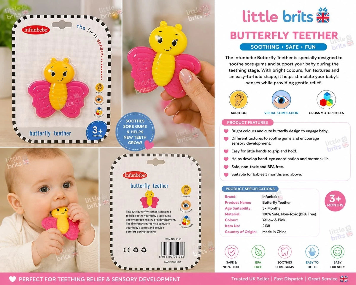 Infunbebe Butterfly Baby Teether BPA Free Sensory Teething Toy Pink 3+ Months