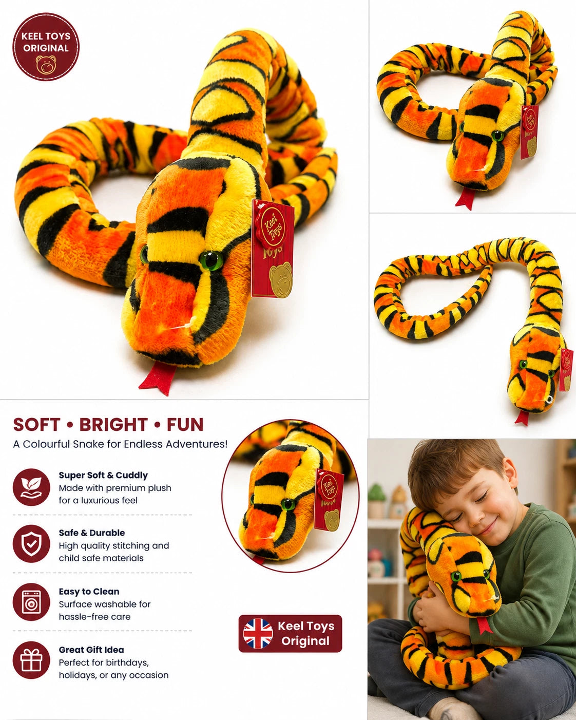 Keel Toys Soft Plush Snake Stuffed Animal Realistic Cuddly Toy Gift for Kids