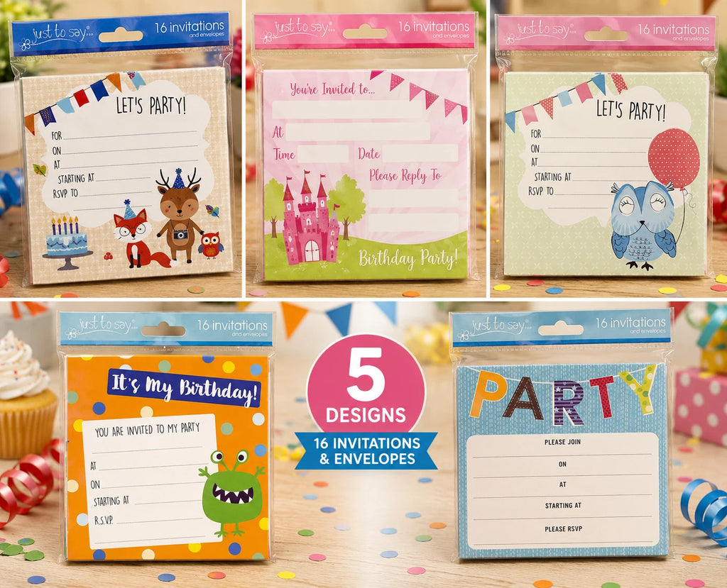 16 Kids Birthday Party Invitation Cards With Envelopes Of Assorted Designs